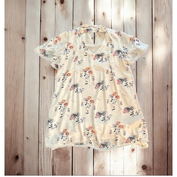 Blu Pepper Floral Print Dress Choker Neck Short Sleeve Casual White Boho - Picture 2 of 7